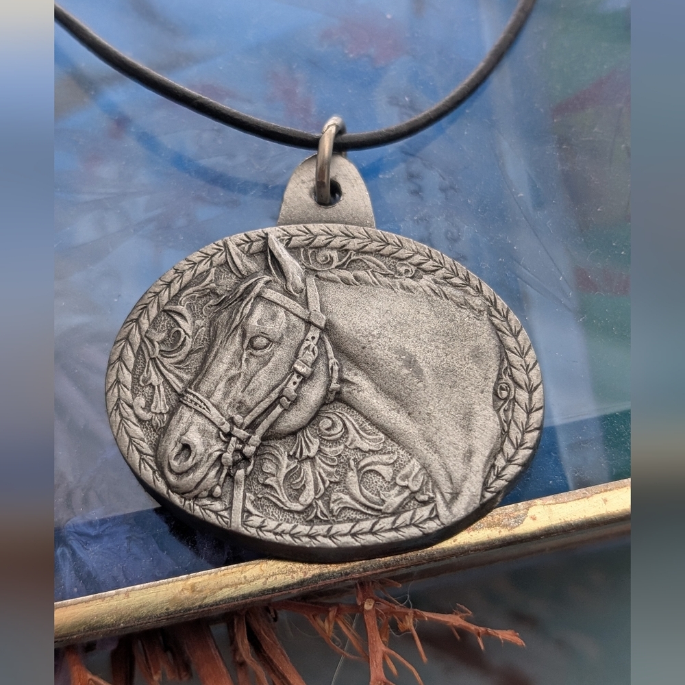 Silver Horse Pendant Necklace With leather Cord‎